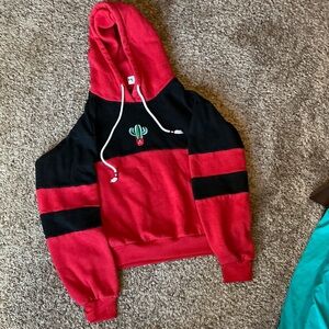 Red and Black Hoodie with Cactus Embroidery